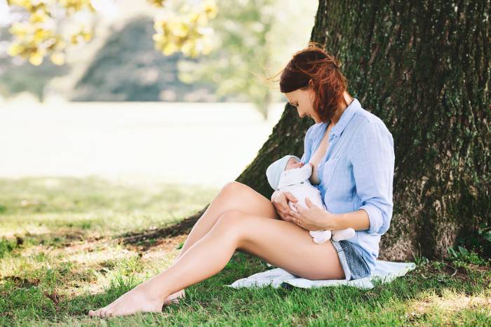 Mujer amantando bajo un arbol