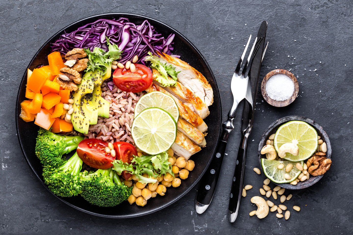 Ejemplo de plato equilibrado con mitad de verdura, un cuarto de proteina y un cuarto de hidratos