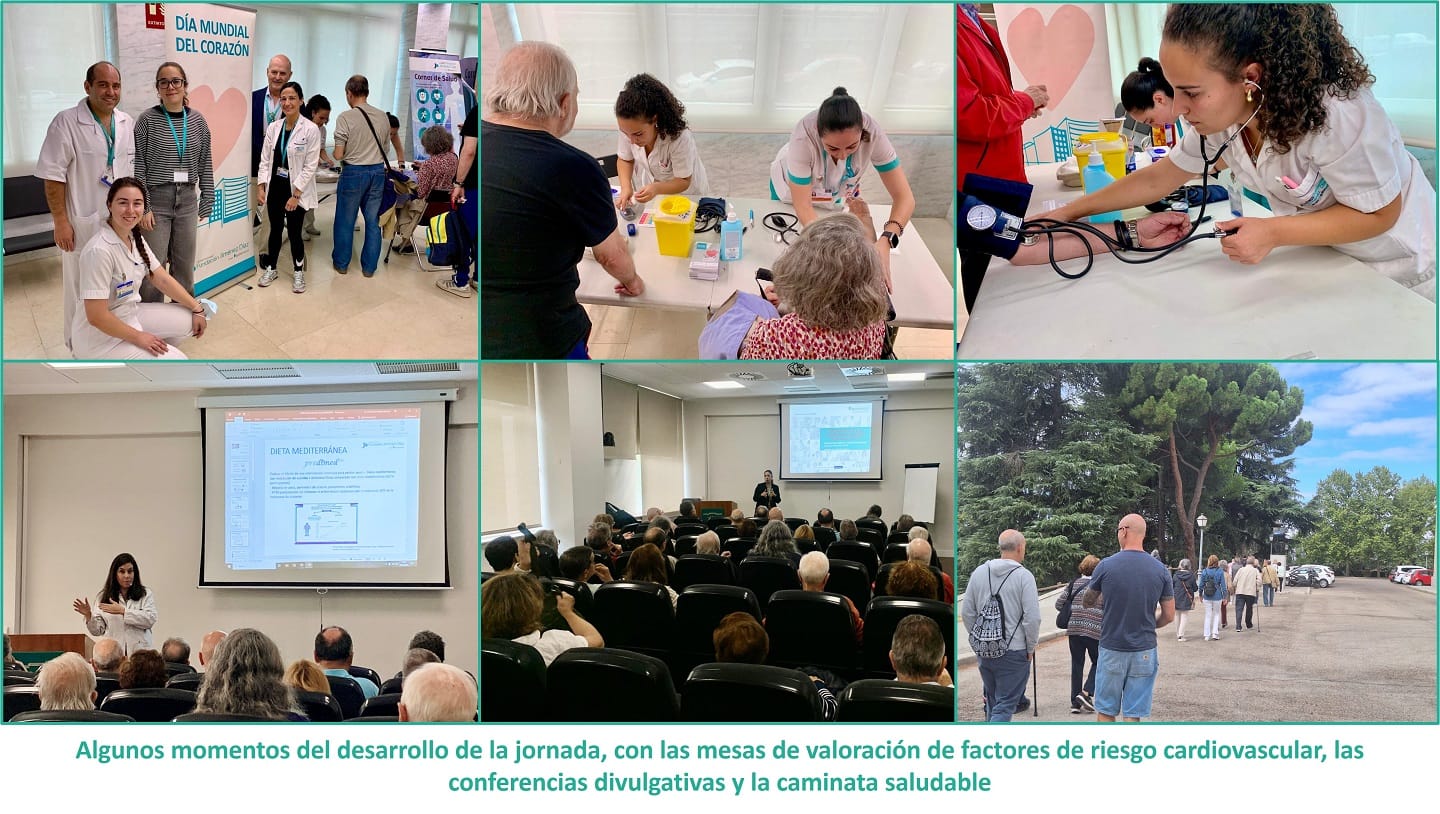 Algunos momentos del desarrollo de la jornada en la FJD, con las mesas de valoración de factores de riesgo cardiovascular, las conferencias divulgativas y la caminata saludable