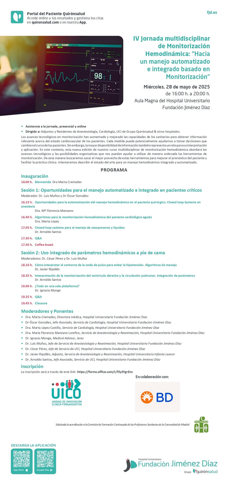 4º Curso multidisciplinar de monitorización hemodinámica: "Hacia un manejo automatizado e integrado basado en monitorización"