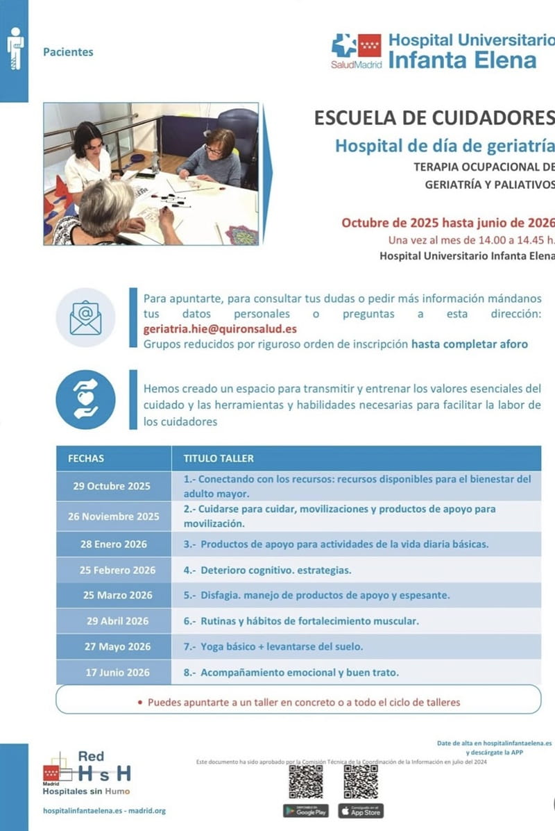 Escuela de Cuidadores de Geriatría. Yoga básico, levantarse del suelo. Hospital de Día de Geriatría