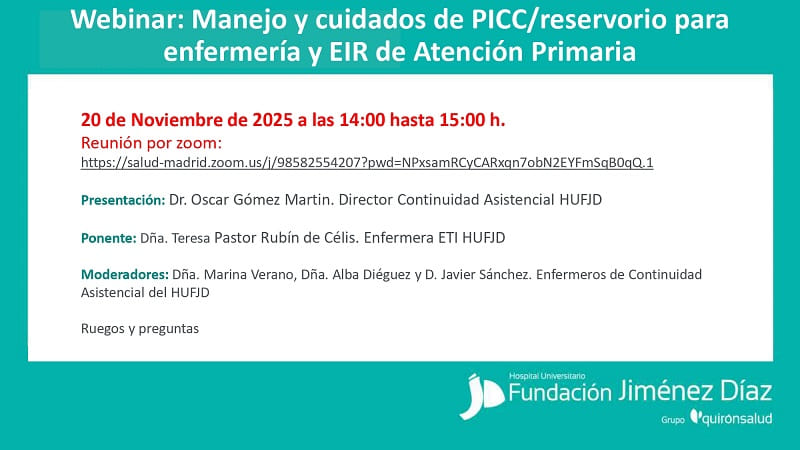 Webinar: Manejo y cuidados de PICC/reservorio para enfermería y EIR de Atención Primaria