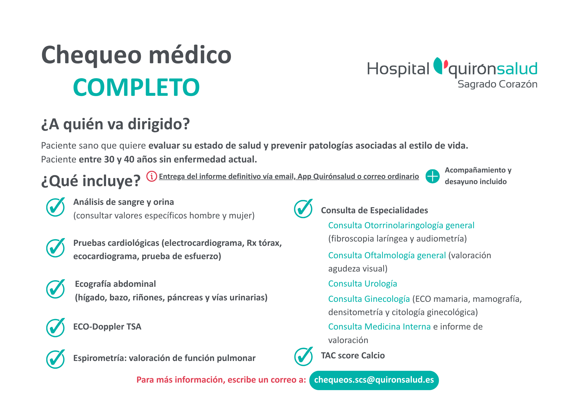 Chequeo médico completo Hospital Quironsalud Sagrado Corazon