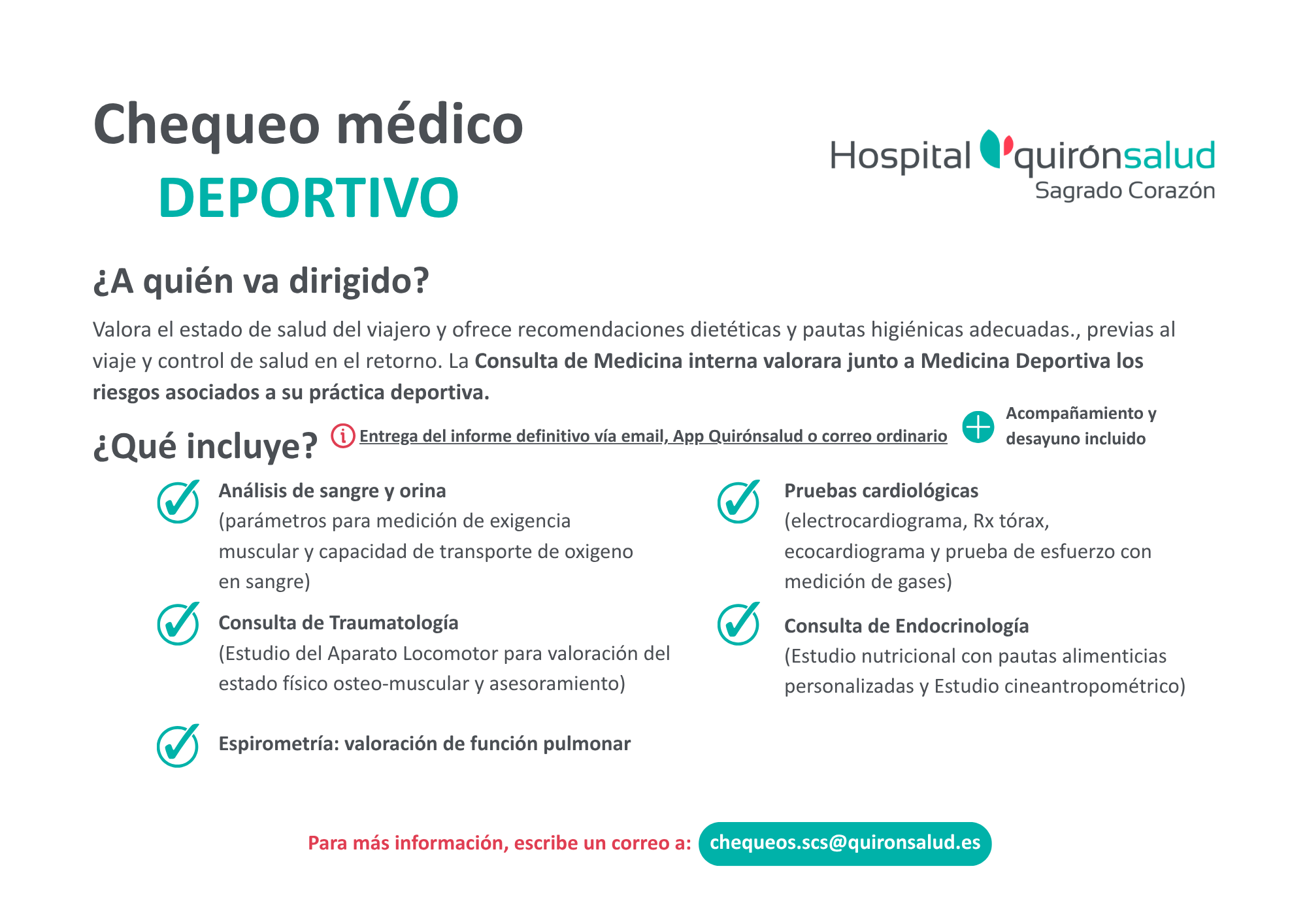 Chequeo médico deportivo Hospital Quironsalud Sagrado Corazon