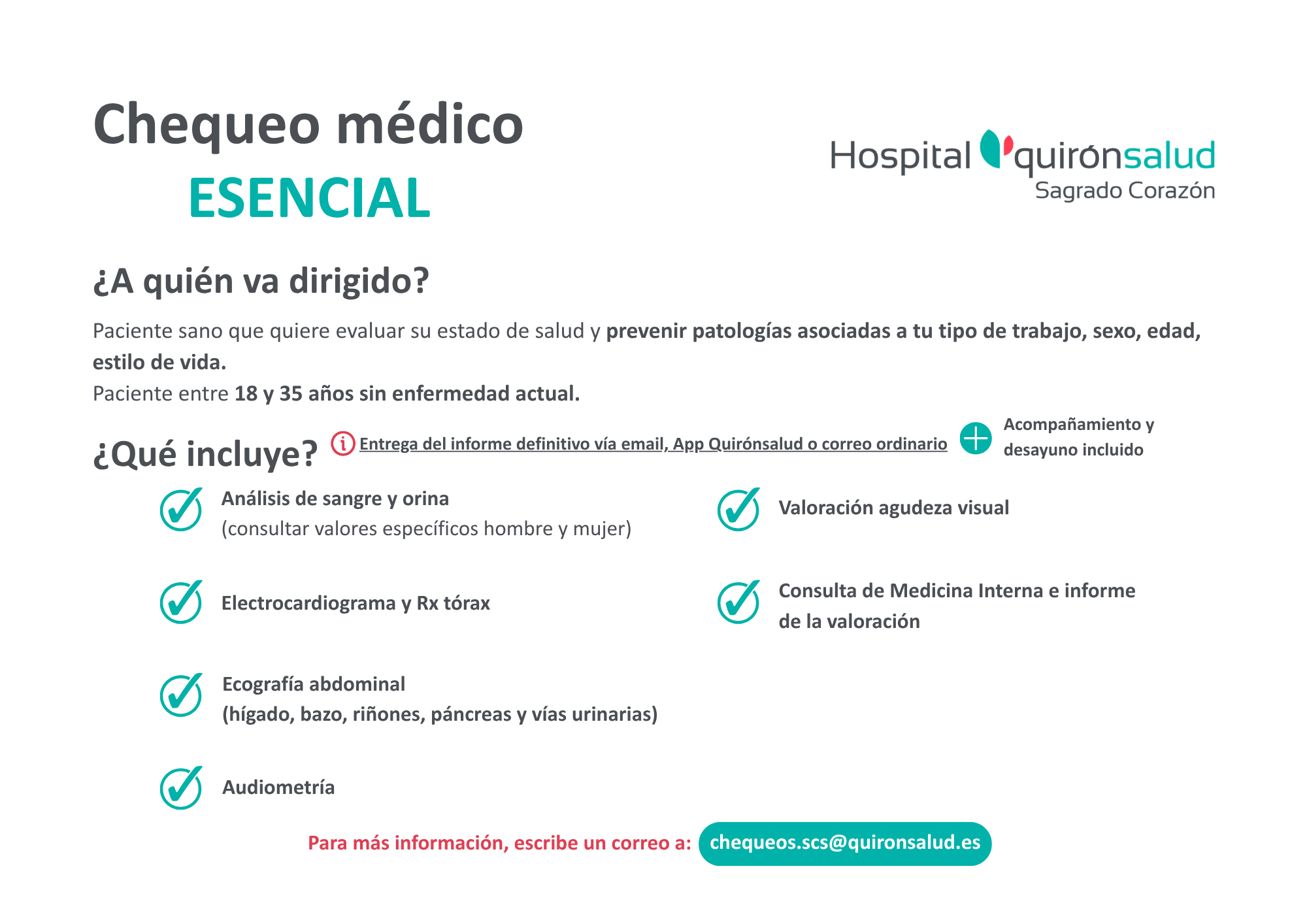 Chequeo médico esencial Hospital Quironsalud Sagrado Corazon
