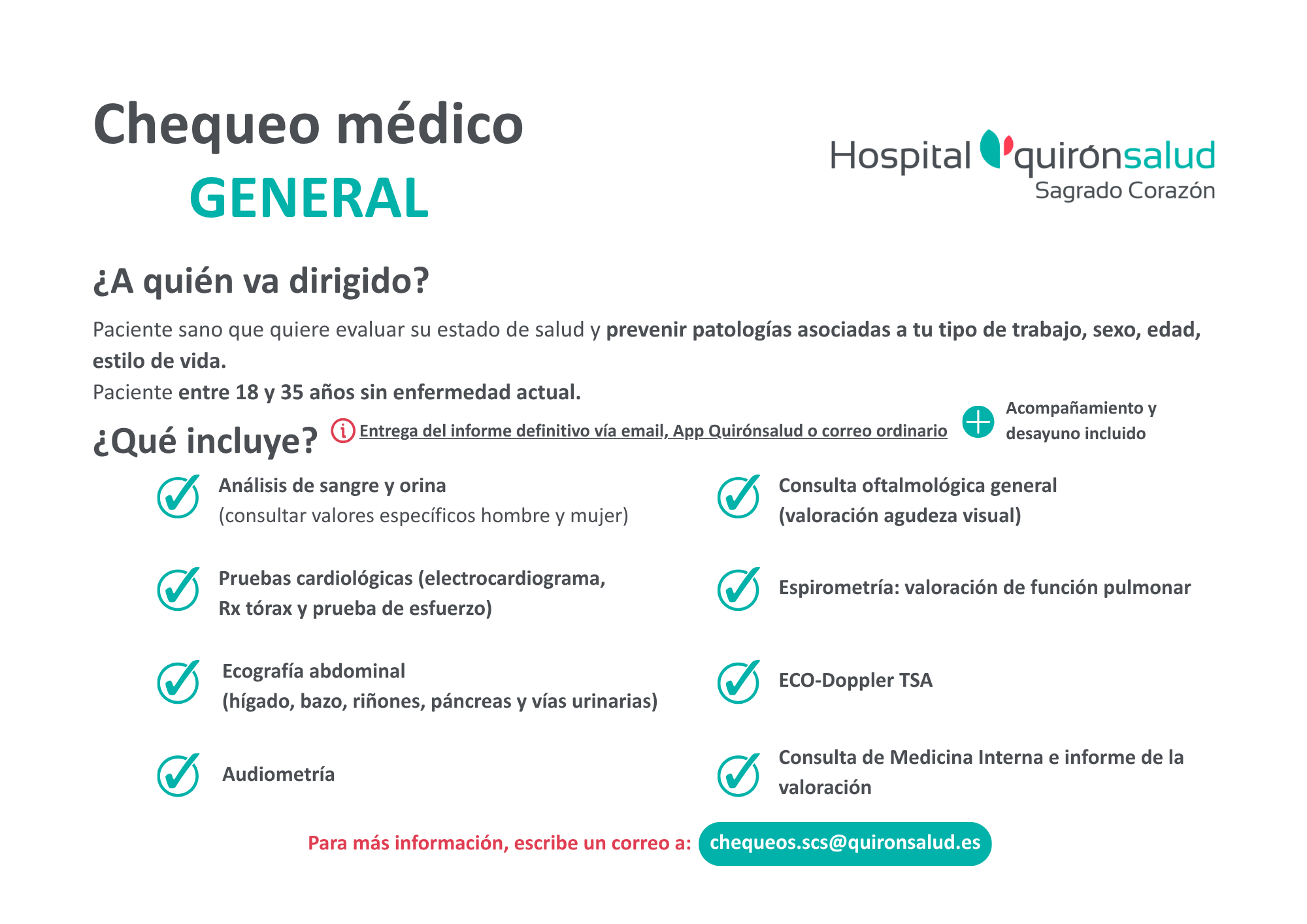 Chequeo médico general Hospital Quironsalud Sagrado Corazon