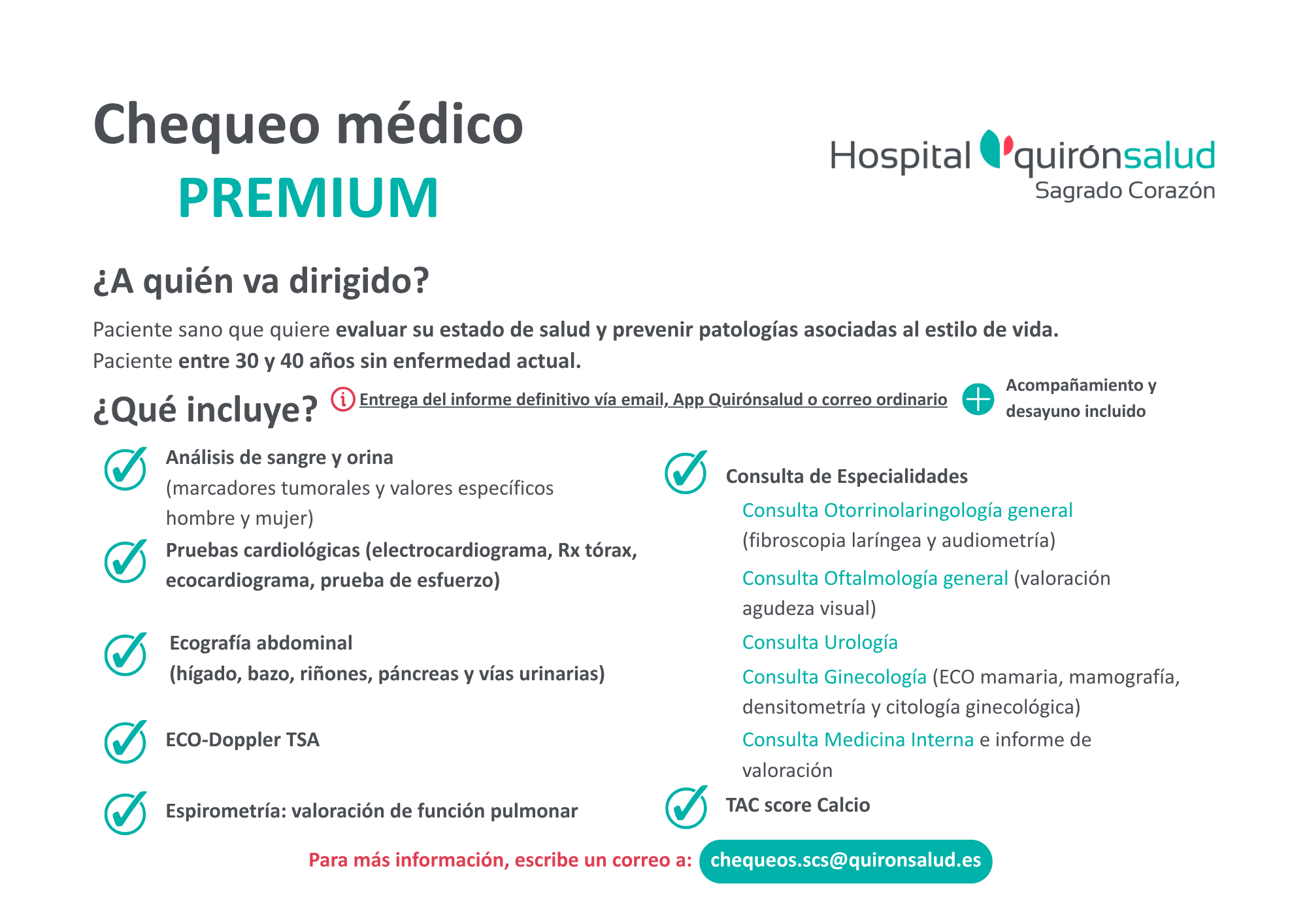 Chequeo médico premium Hospital Quironsalud Sagrado Corazon